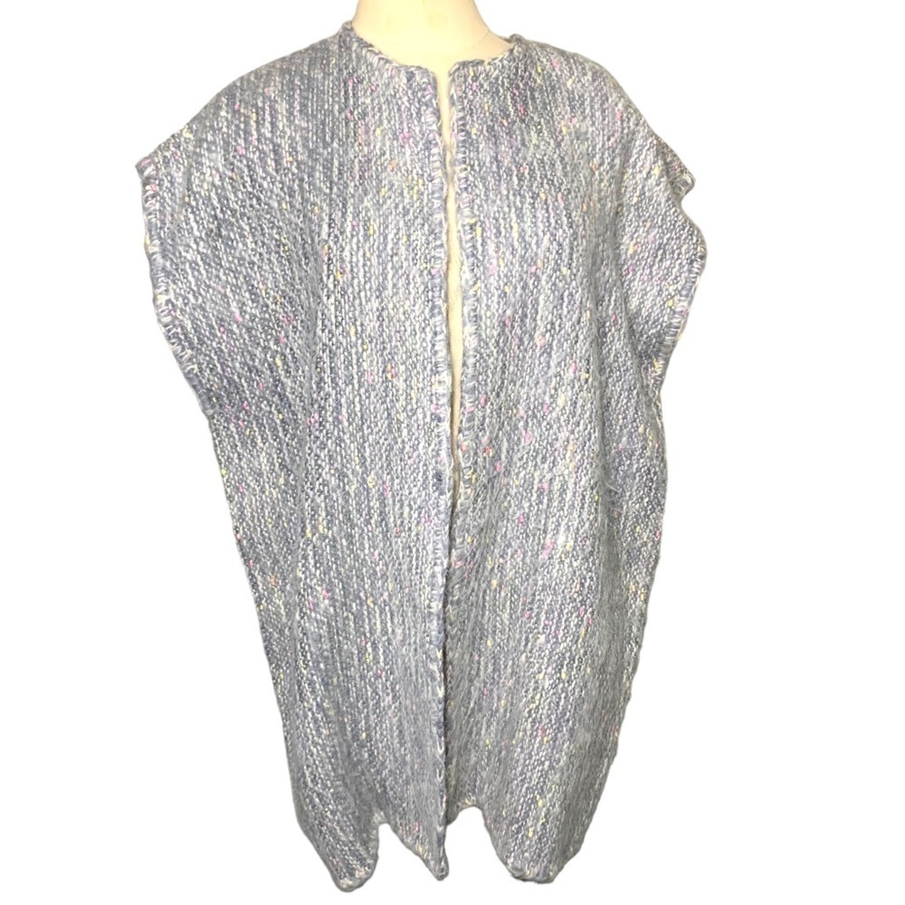 Handmade Tweed Sweater Vest Sz L/XL Gray White Fuzzy Knit Open Cardigan Cover Up